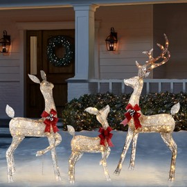 3D Christmas Reindeer Outdoor Decorations - 3 Pieces Set of Gold LED Deer Family with 240 Warm Lights - 5ft Buck & 4ft Doe & 2.5ft Fawn