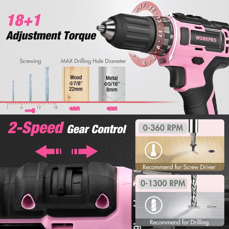WORKPRO Pink Tool Kit with Drill, Tool Set with 20V
