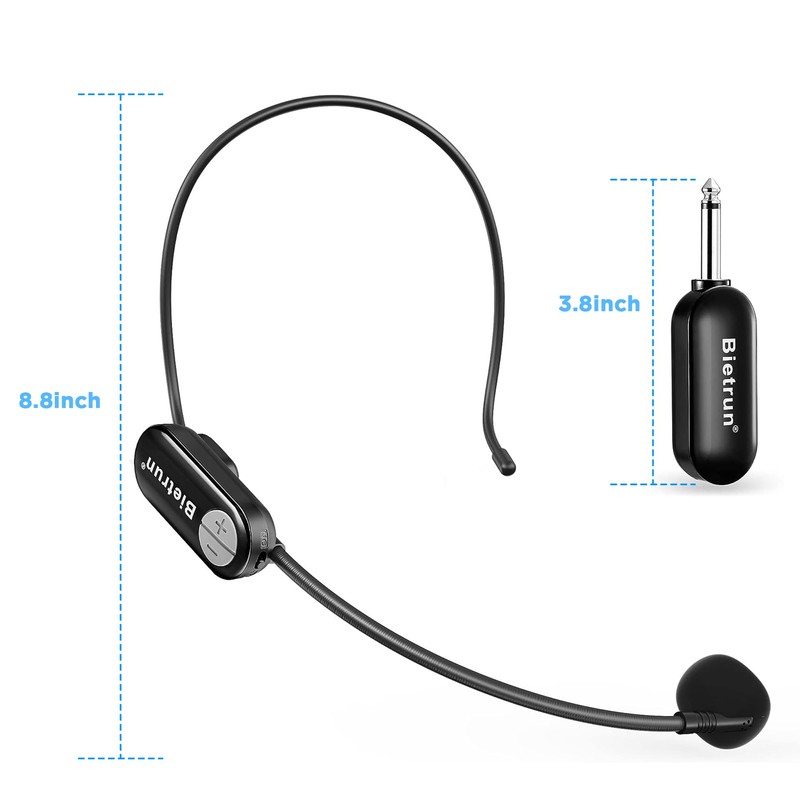 Bietrun Wireless Microphone Headset with 1/4''Plug, 165ft Range, UHF Wireless
