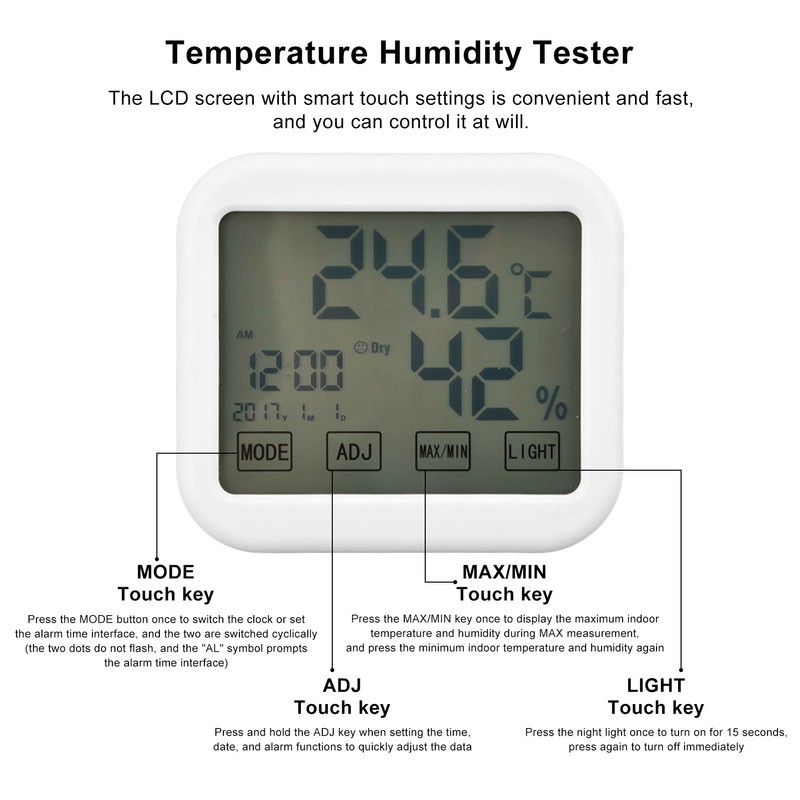 Digital Thermometer Smart Touch Settings Alarm Clock Function Temperature Humidity
