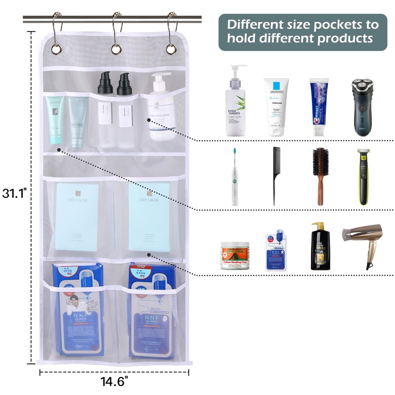 MISSLO Hanging Mesh Pockets Hold 340oz/1000ml Shampoo Shower Organizer with