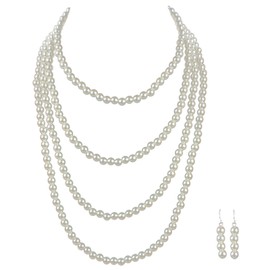 Perlen Schmuck Set für Damen, 2 Stück Perlen Set mit langen Kunststoffperlen Ohrringen 1920er Perlenkette, lange Strickjacke-Perlen-Ketten-Halskette für Party Abschlussball Hochzeit Festival