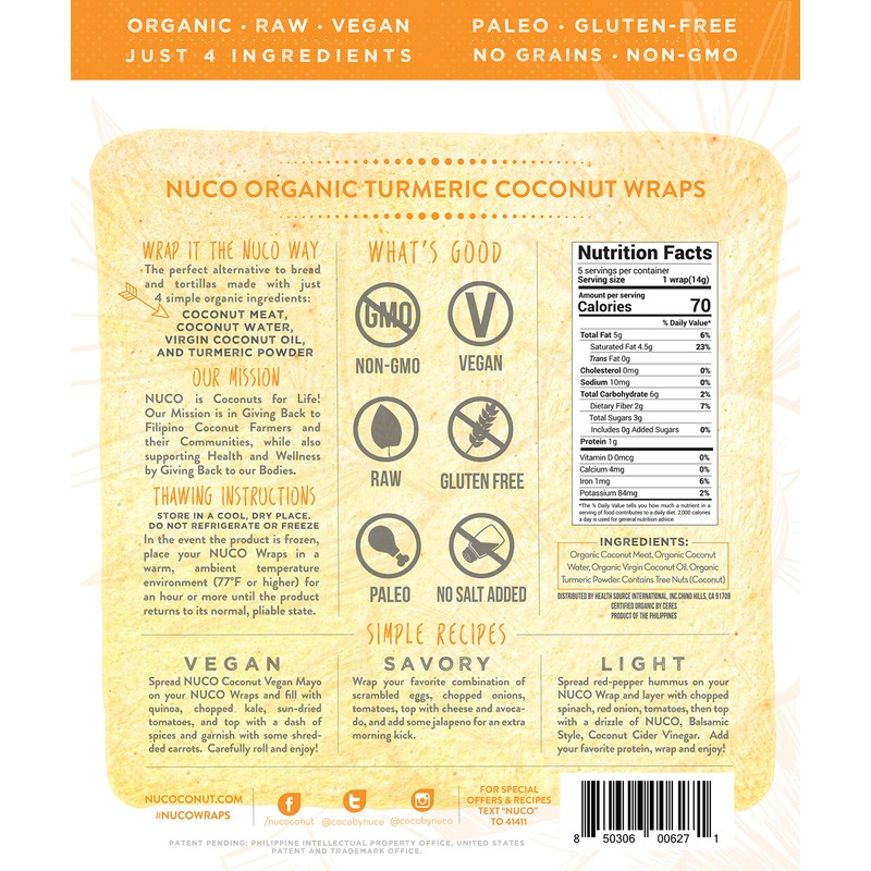 NUCO Certified ORGANIC Paleo Gluten Free Vegan "Turmeric" Coconut Wraps,