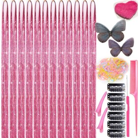 BYNOW Light Pink Color Hair Tinsel Kit 3000 Strands Fairy Hair Extensions with Tools Heat Resistant Tinsel Hair 48 Inches Sparkling Glitter Hair (48 inch, Light Pink Color 3000 Strands)