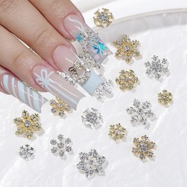 20Pcs Snowflake Nail Art Charms Christmas Nail Rhinestones 3D Flat Back Alloy Xmas Snowflake with Diamond Designs Winter Nail Gems Silver Gold Nail Jewels for Women Nails Salon Craft Accessories
