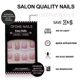 Press on Nails Short Square OFDNE White French Tip Fake Nails False Nails with Glitter Designs Full Cover Glossy Glue on Nails Natural Nails Stick on Nails for Women Girls 24 Pcs