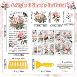 WANDIC Retro Rub On Transfer Stickers, 6 Sheets Pink Retro Flower Decals Rose Stickers with Letters Waterproof Decals for DIY Scrapbooking