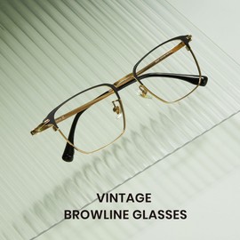 Cyxus Browline 8142 Glasses Without Prescription Men Women with Titanium Temple Fashion Metal Browline Frame, 04-Black&Gold
