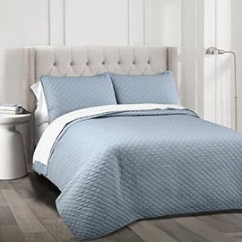 3-Piece Classic Diamond Stitch Oversized 100% Cotton Quilt Set King Size | Modern Contemporary Geometric Pattern Pretty Blue Solid Color | Reversible Soft Cozy Plush Country Style Shabby Chic Bedding