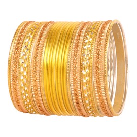 Touchstone "Colourful 2 Dozen Bangle Collection" Indian Bollywood Pastel Yellow Golden Glaze Designer Jewellery Special Large Size Bangle Bracelets Set of 24 in Gold Tone for Women, Yellow Gold