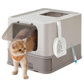 Feandrea Arenero para Gatos Grandes, Caja de Arena Cerrada con Bandeja Extraíble, Pala y Cepillo, Mascota, Modelo, 54x42x37 cm, Gris, MPPT001G01      