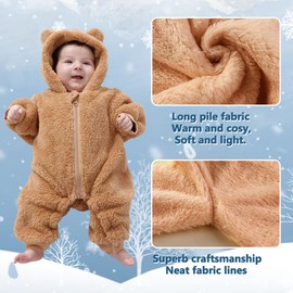 Fairy Baby Baby Snowsuit, Newborn Baby Bear Hooded Footed Romper Baby Cute Jumpsuit Fleece Snowsuit Cartoon Flannel Zipper Jumpsuit Fall Winter Outfits Brown 59CM