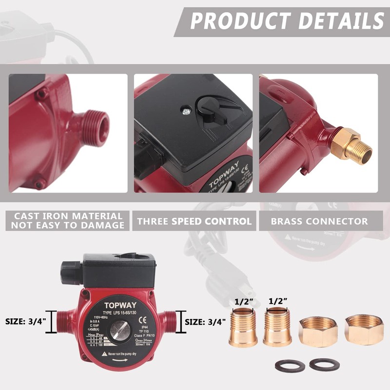 TOPWAY 3/4" NPT 110V Hot Water 3-Speed Circulation Recirculating Pump