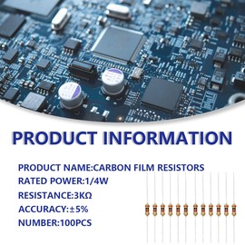 Innfeeltech 100 Pcs 1/4W 5% Tolerance 3K Ohm Carbon Film Resistance for DIY Project and Experiments