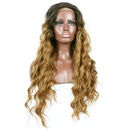 Natural Hairline Loose Wave Honey Blonde Synthetic Lace Front Wigs For Women Dark Brown Roots to Blonde Ombre Lace Wig 2 Tone Heat Resistant Fiber for Drag Queen Glueless Hair 24"