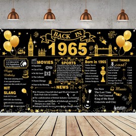 60th Birthday Black Gold Party Decoration, Back in 1965 Banner 60 Year Old Birthday Party Poster Supplies Vintage 1965 Backdrop Photography Background for Men & Women 60th Class Reunion Decor
