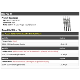 Glow Plug Kit - Set of 4 - Compatible with 1998-2003 Volkswagen Beetle 1.9L TDI Diesel (without Glow-Plug Coolant Heating)