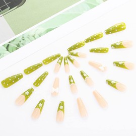 Aksod Glossy Green Fake Nails Long Coffin Coloful Press on Nails Designed Cute Flower French Ballerina Nails Tips Bowknot Full Cover Artificial False Nails Set for Women and Girls 24Pcs (Style B)