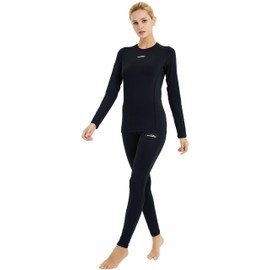 COOLOMG Women's Thermal Yoga Clothing Winter Baselayer Tops+Leggings Set Black