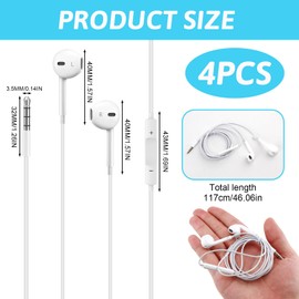 4 Pairs of In-Ear Headphones with Cable, Magnetic, Microphone, Volume Control, Compatible with MP3, Suitable for Most Mobile Phones and Computers, Lightweight Earphones with 3.5 mm Jack Plug (White)