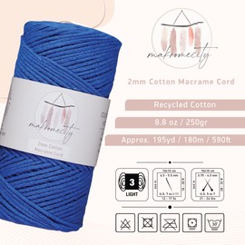 Makromecity, Cotton Macrame Cord 2mm x 195 Yards (590 feet) 2mm Recycled Cotton Crochet Yarn for Macrame Art & Crafts for Wall Hangings, Bags, Underplate, Rug (25 Colors Available) (Sax Blue)