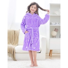 Doctor Unicorn Soft Hooded Rainbow Bathrobe Sleepwear for Girls (Purple White Star Dots, 7-9 Years)
