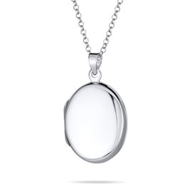 Simple Plain Flat Oval Photo Lockets For Women For Teen That Hold Pictures Polished .925 Silver Locket Necklace Pendant Medium