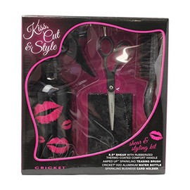 Cricket Kiss, Cut & Style 5.5" Shear Kit Professional Shears for Hair Cutting, Teasing Brush for Volume, Aluminum H20 Spray Water Bottle and Business Card Holder, Limited Edition, 4 PC, Value Set
