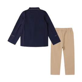 Mud Kingdom Toddler Boys Hemmed Blazer Badge Long Sleeve with Tie Navy Blue and Solid Pant Khaki School Uniform 4T