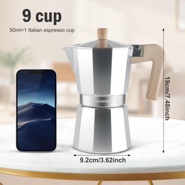 Sivaphe Aluminum Moka Pot 9 Espresso Cups, Percolator Espresso and Coffee Maker, Portable Stovetop Italian and Cuban Café Brewer for Home and Camping Sliver