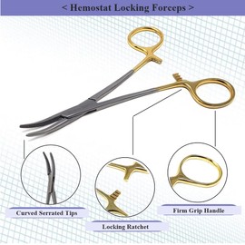 Pet Care Hemostat Forceps 5" Dog, Cat Made of Stainless Steel-Have CRV Serrated Tips,Useful In Cleaning Ear, Nose Face Paws Furs Multipurpose Forceps For All Kind of Hair, Locking Forceps, Gold Handle