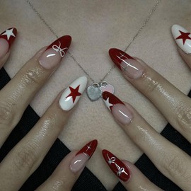 French Tip Fake Nails Medium Press On Nails Almond False Nails With Red Star Designs Full Cover Stick On Nails Acrylic Nails Press Ons Reuseable Glue On Nails For Women 24Pcs