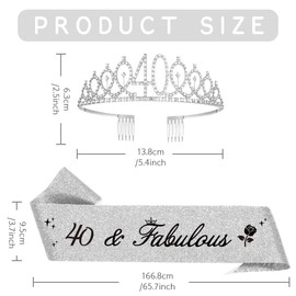 40th Birthday Sash and Tiara, 40 Birthday Rhinestone Crown Birthday Gift for Women 40th birthday decorations Silver (Silver)