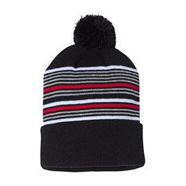 Sportsman - 12" Striped Pom-Pom Knit Beanie - SP60 - One Size - Black/White/Grey/Red