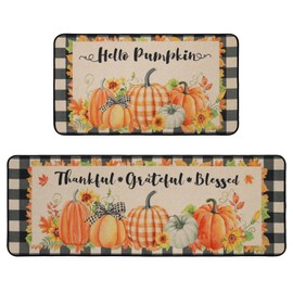 MEHOFOND Hello Pumpkin Kitchen Mats Set of 2, Fall Thanksgiving Decor Mat, Buffalo Plaid Farmhouse Autumn Harvest Pumpkin Thankful Holiday Absorbent Non Slip Anti Fatigue Rugs 17 x 29 and 17 x 47 in