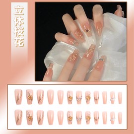 DEVENTORZ Nail Tips, Long Nail Tips, 24 Pieces, Glossy, 3D, Glitter, Butterfly, Cherry Blossoms, Advanced, Handmade Gel Nails, Nail Stickers, Wedding Nail Tips, Bridal Nail Decoration, Popular Nail