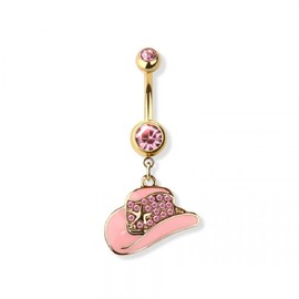 Pierced Owl 14GA 316L Stainless Steel CZ Crystal Paved Cowboy Hat Belly Button Ring (Gold Tone/Pink)