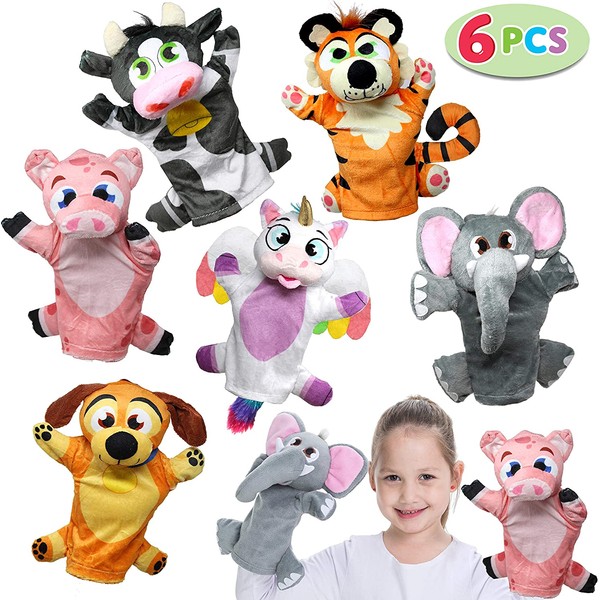JOYIN Toy Animal Friends Deluxe Hand Puppets 6 Pack for Imaginative Play, Stocking, Birthday Party Favor Supplies, Girls, Boys, Kids and Toddler