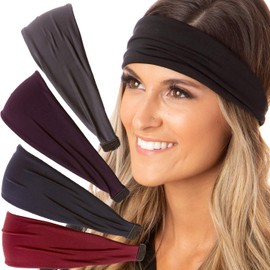 Hipsy Adjustable & Stretchy Basic Xflex Wide Headbands for Women Girls & Teens (5pk Basic Black/Burgundy/Navy/Plum/Dark Grey)
