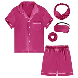 ALHAVONE Kids Girl Pajama Set with Headband Blindfold Hair Tie Toddler Boy Girl Satin Silky Button-up Pajama Sleepwear, Rose-Short, 11-12 Years