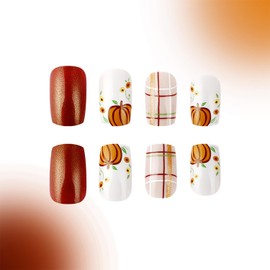RIICFDD Fall Press on Nails Short Square Fake Nails Orange Brown Glitter False Nails Full Cover Glossy Stick on Nails Pumpkin Stripe Glue on Nails for Women Girls Thanksgiving Nails 24 Pcs