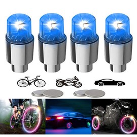 YUERWOVER 4 Pack LED Bike Wheel Lights Car Tire Valve Stems Caps Bicycle Motorcycle Waterproof Tyre Spoke Flash Lights Cool Reflector Accessories for Kids Men Women with 10 Extra Batteries(Blue)
