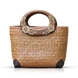 Beach Bag for Women, Straw Bag, Handmade Rattan Bag, Summer Tote Bag Flowers Engraving Wooden Handle, Boho Retro Straw Woven Handbag Suitable for Vacation Travel Daily