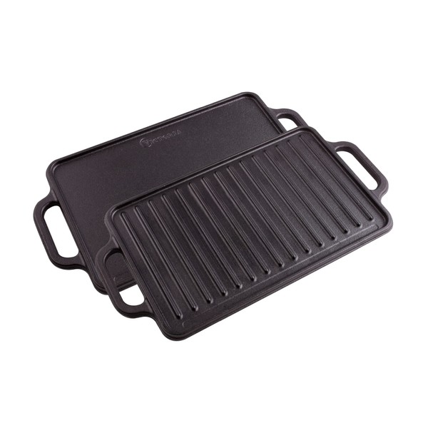 Victoria Rectangular Cast Iron Griddle. Double Burner Griddle, Reversible Griddle Grill, 13 x 8.5 Inch, Seasoned with 100% Kosher Certified Non-GMO Flaxseed Oil, Model: GDL-189