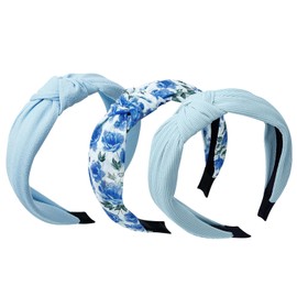 Yonchic 3-Piece Knotted Floral Pattern Headbands for Women & Girls, Cute Flower Print Knot Headband, Non Slip Fashion Hair Bands Hairbands (Blue)