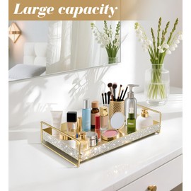 Yivaiks Crystal Rhinestones Gold Perfume Dresser Ornate Tray Bling Metal Decorative Tray Jewelry Organizer Makeup Tray for Vanity, Dresser, Bathroom, Bedroom,Living Room