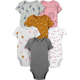 Simple Joys by Carter's Baby Girls' 6-Pack Short-Sleeve Bodysuit, Multicolor/Floral/Forest Animals/Owl/Sheep, 0-3 Months