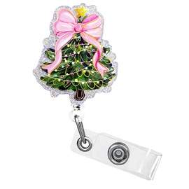 1 Pcs Christmas Tree Badge Reel Retractable Badge Clip Cute Pink Bow Holiday Nurse ID Card Badge Holder Glitter Name Tag with 360° Swivel Alligator Clip for Women Nursing Student Teacher