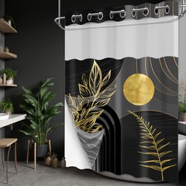 DLTAY Black and Gold Hookless Shower Curtain with Snap in Liner, Boho Mid Century Modern Black and Dark Grey No Hook Double Layer Shower Curtain and Liner Set, Waterproof Cloth Fabric, 71" W x 74" L