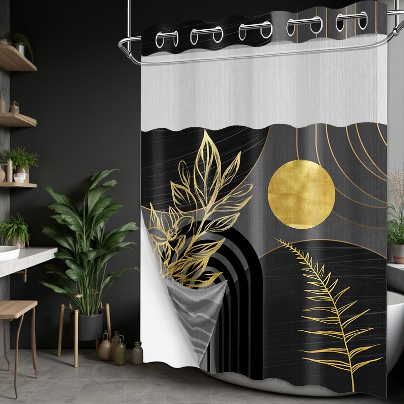 DLTAY Black and Gold Hookless Shower Curtain with Snap in